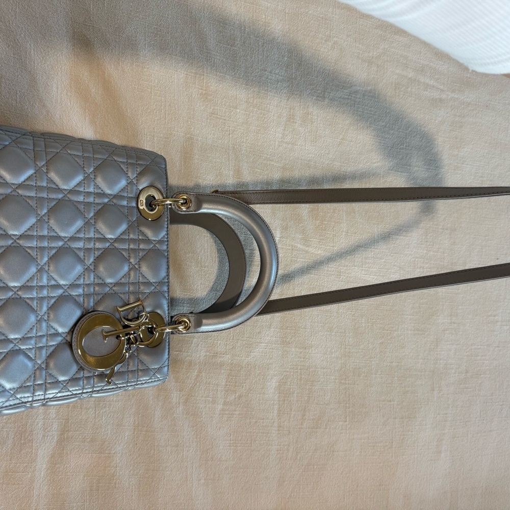 Dior LADY DIOR Medium Metallic Gray Quilted Bag - Authentic - Picture 11 of 14